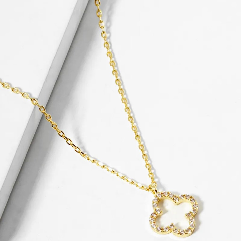 18k Gold Dipped Cubic Zirconia Pave 10mm Quatrefoil Pendant Necklace